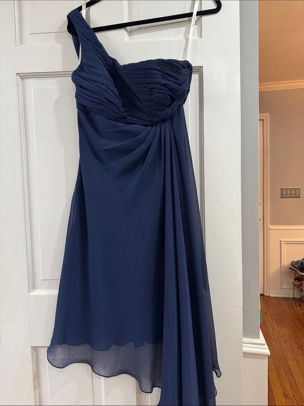 David's Bridal Navy Asymmetrical One-Shoulder Chiffon Dress